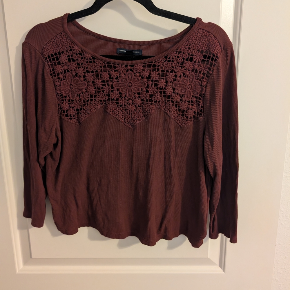 American Eagle XL Brown Crochet‎ Lace Boho Long Sleeve Top